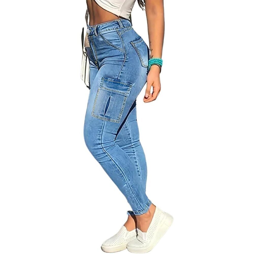 Women High Waisted Skinny Cargo Pants Stretch 6 Pockets Casual Denim